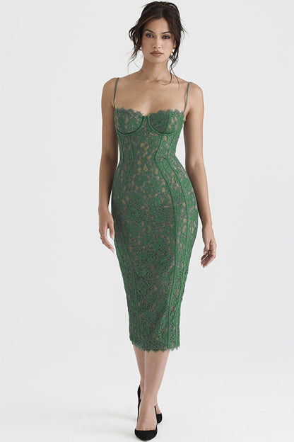 Green Lace Camisole Split Midi Dress