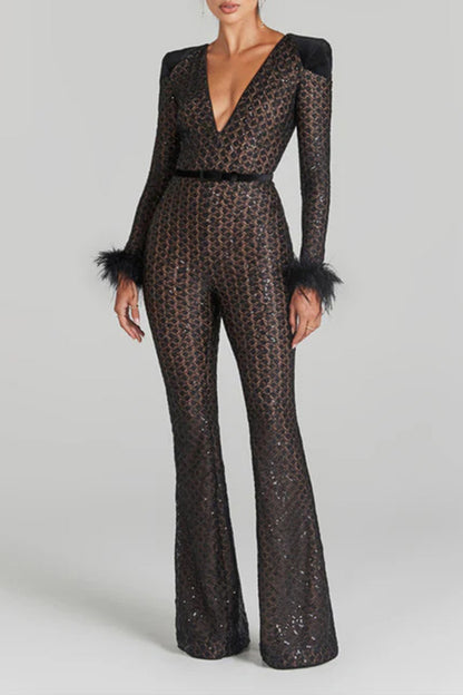 Black Lace Sequin Feather Bandage Jumpsuit