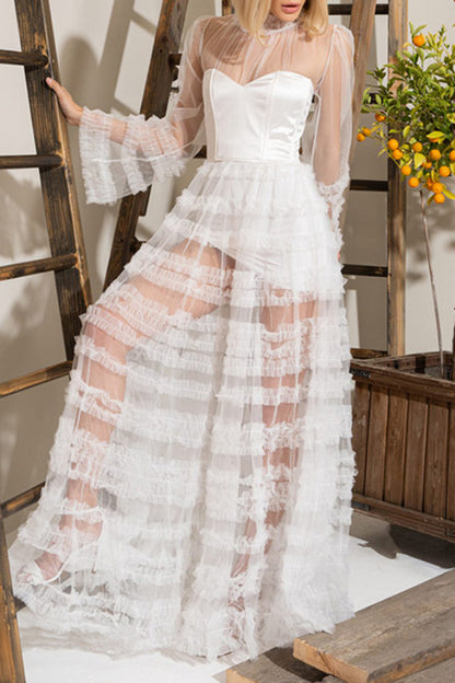 Lace Splicing Mesh Cake Long Dress