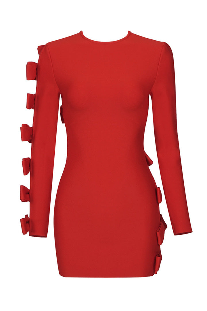 Red Cutout Bow Long Sleeve Bandage Mini Dress