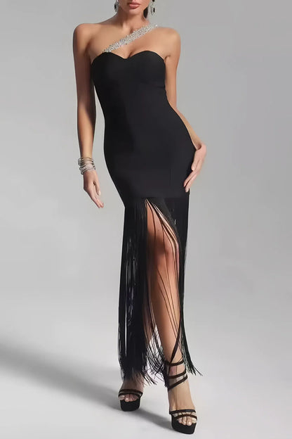 Black Sheath Fringe Bandage Dress