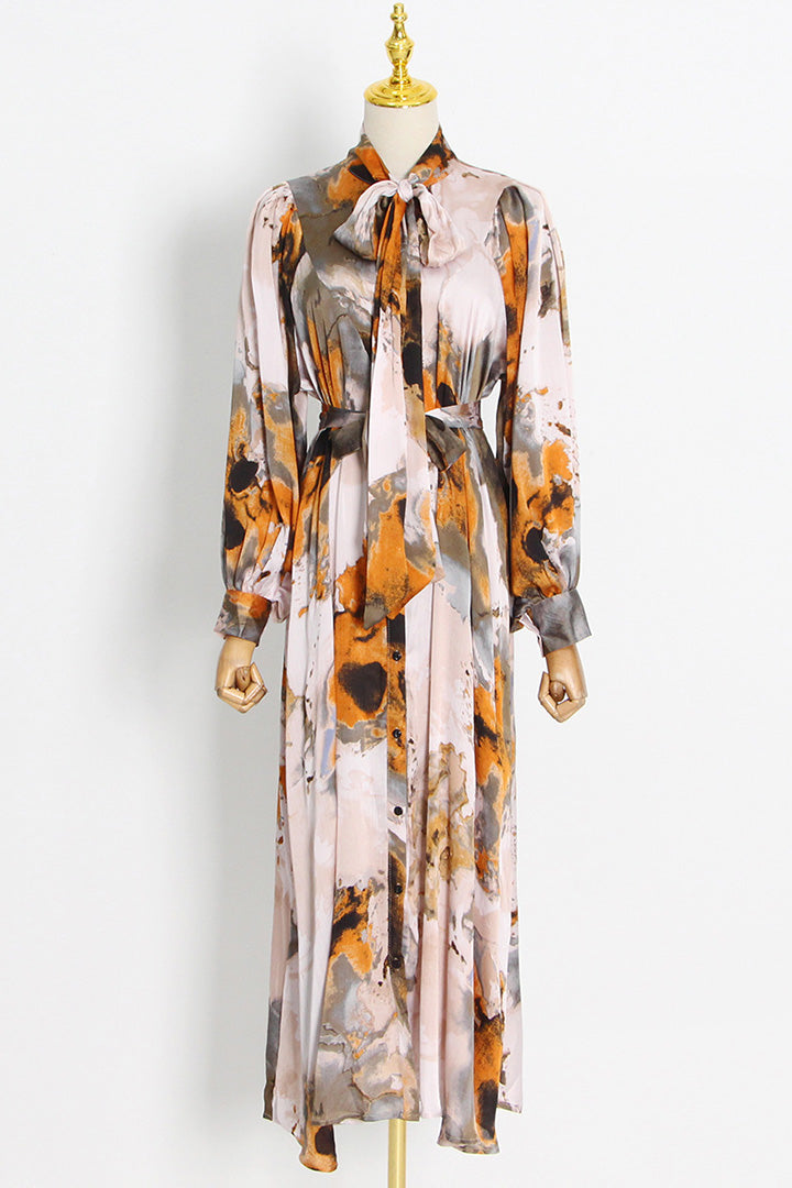 Green Floral Tie Dye Long Sleeves Maxi Dress