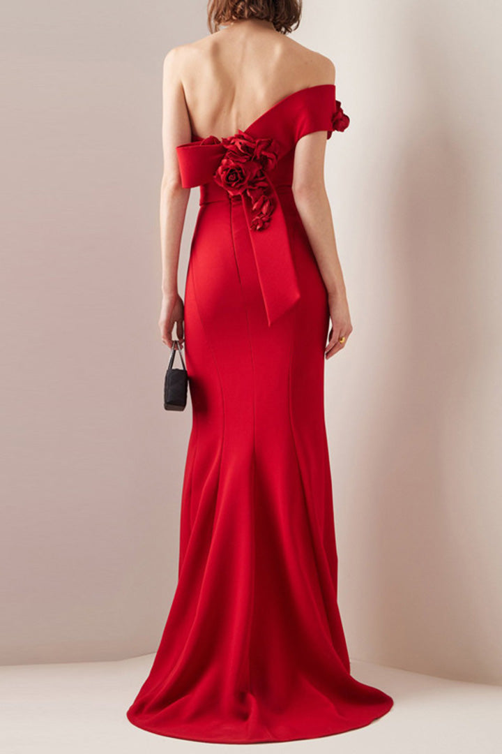 Red One Shoulder Flower Embellished Maxi Dress