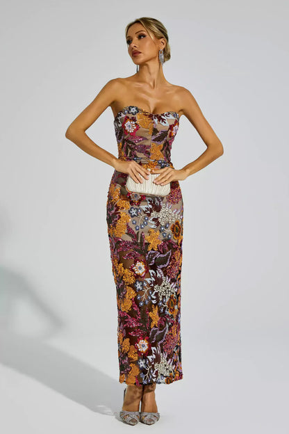 Maxi dress with red floral embroidery