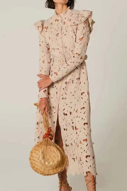 Khaki Embroidered Hollow Out Floral Ruffle Midi Dress