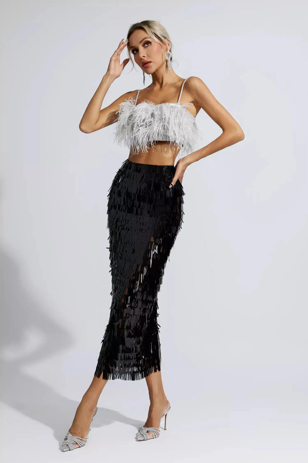 Black Feather Sequin Set