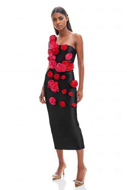 Black Backless 3D Floral Midi Dress