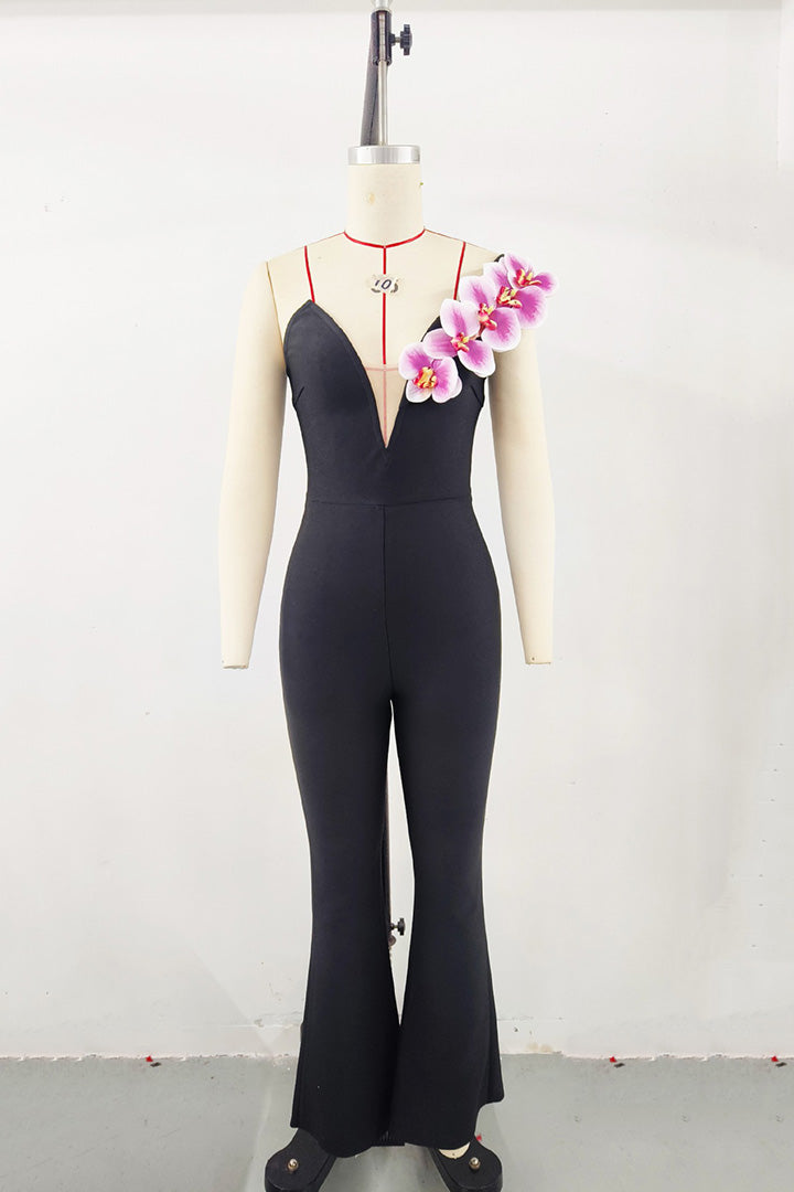 Black Slanted Shoulder Pink Floral Jumpsuit