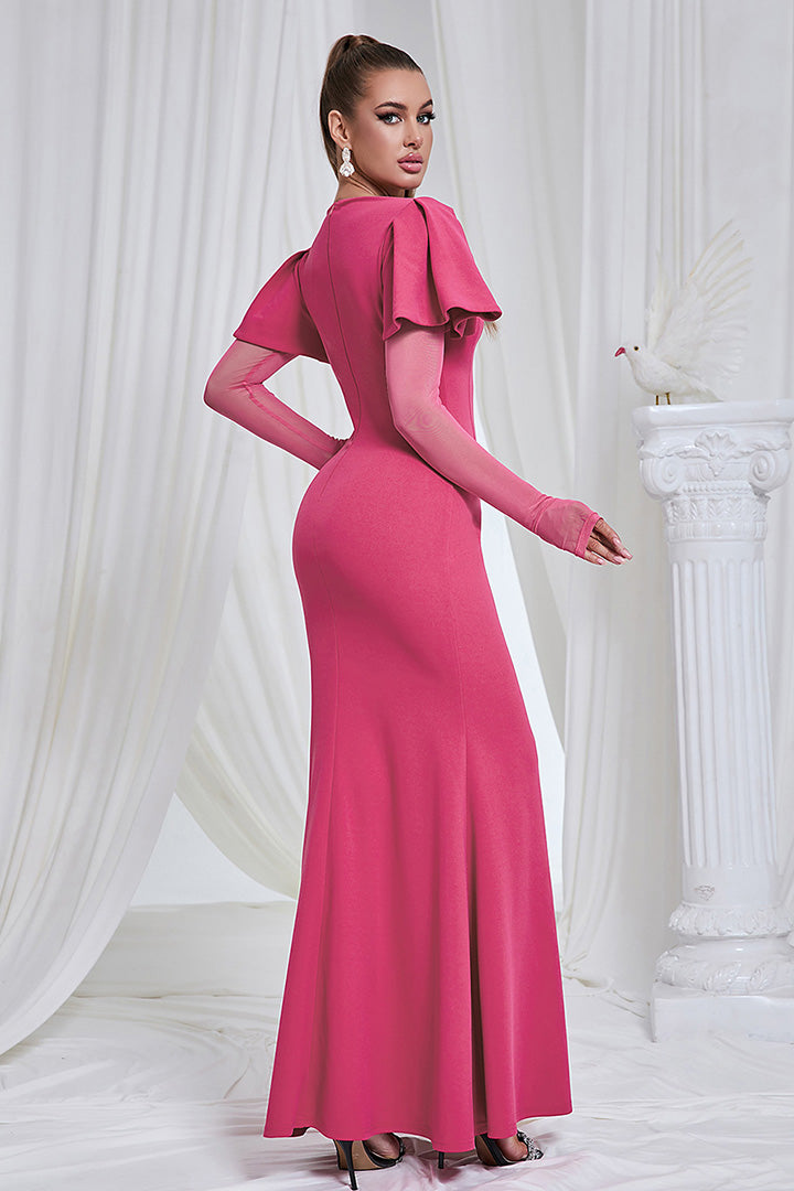 Rose Red Round Neck Ruffle Long Sleeve Maxi Dress