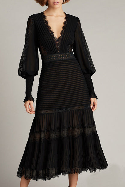 Black Elegant Lace Long Sleeve V-Neck Dress