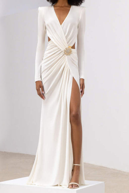 Long Sleeve Drawstring Cutout Crossover Maxi Dress