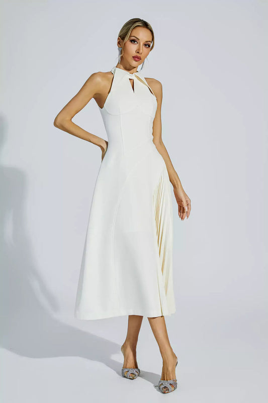 Cream Ruched Midi Dress