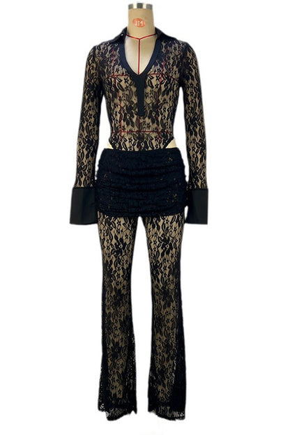 Black Lace Spliced High Waisted Flared Pants Set