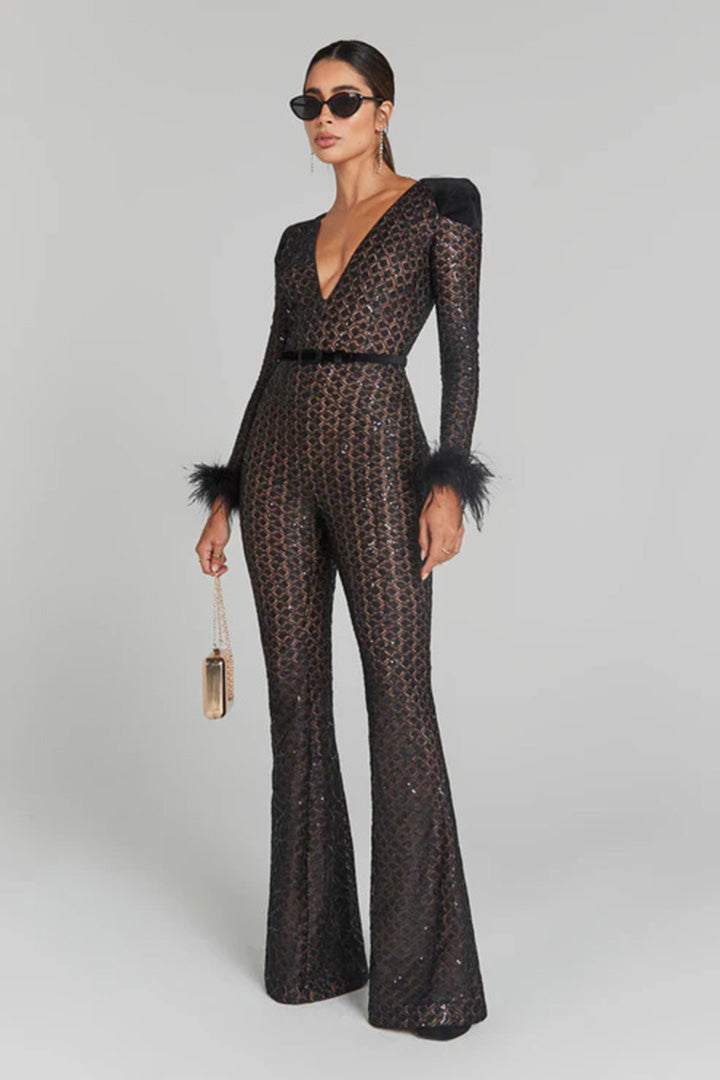 Black Lace Sequin Feather Bandage Jumpsuit