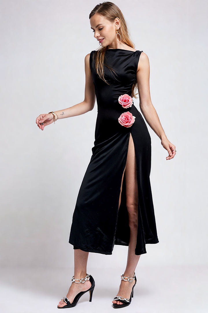 Black Pink Flower High Slit Maxi Dress