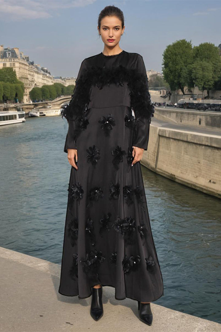 Black Long Sleeve Patchwork Feather Floral Maxi Dress