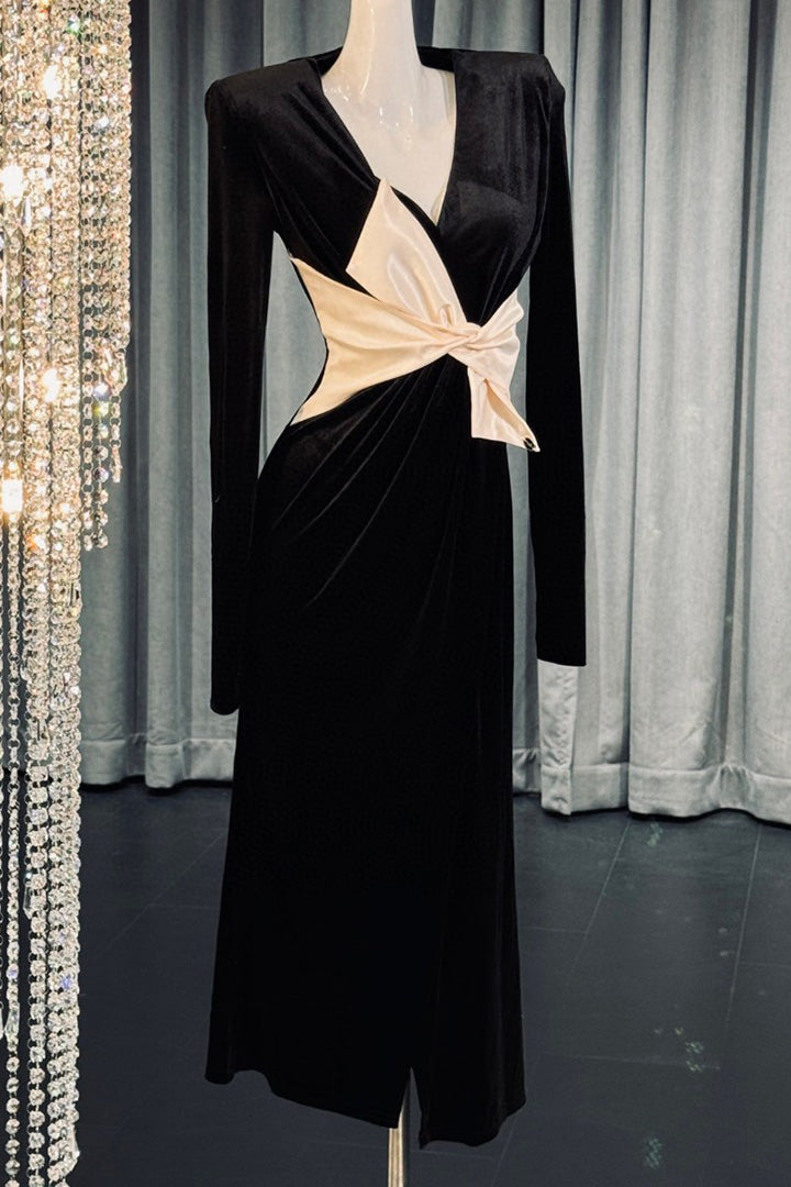 Elegant Black Spliced Bow V-neck Maxi Dress