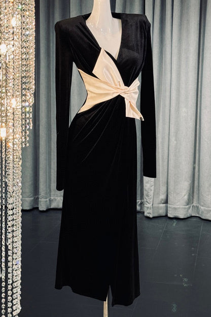 Elegant Black Spliced Bow V-neck Maxi Dress