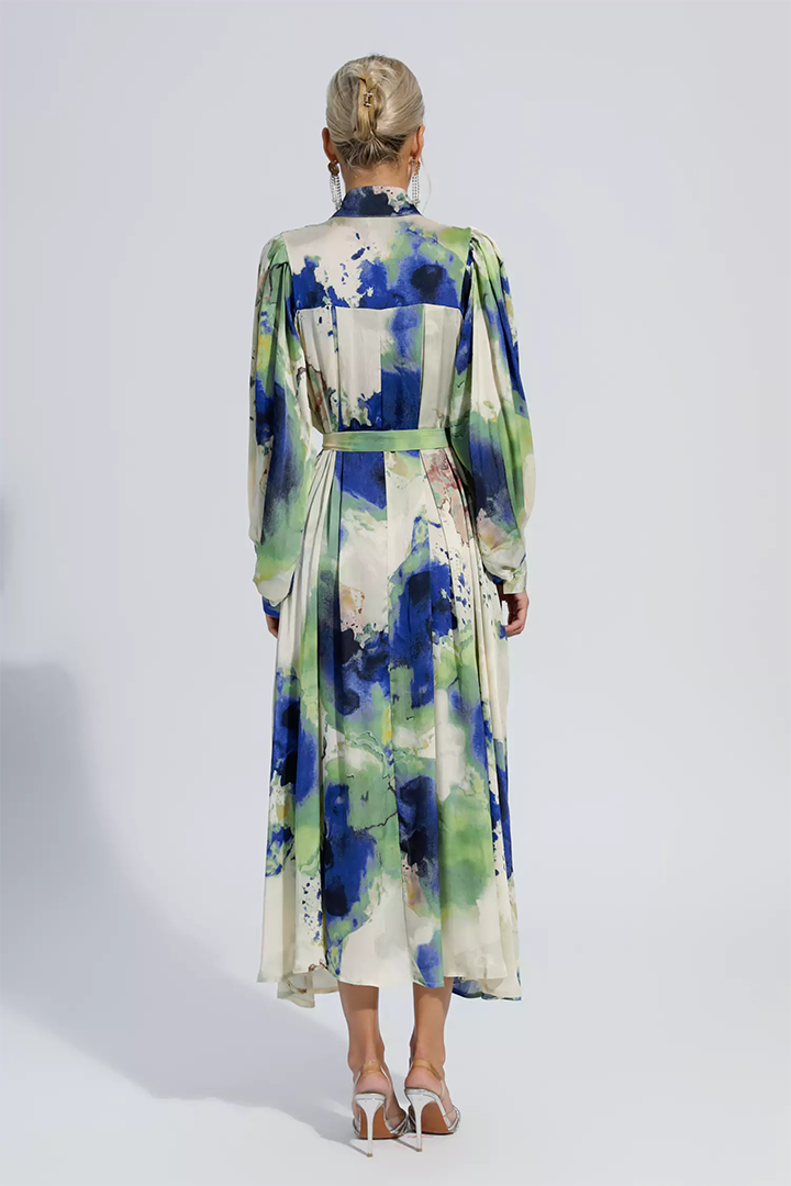 Green Floral Tie Dye Long Sleeves Maxi Dress