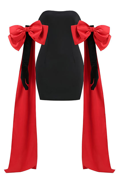 Black Sheath Red Bow Embellished Mini Dress