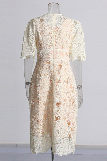 Apricot Elegant V Neck Lace Midi Dress