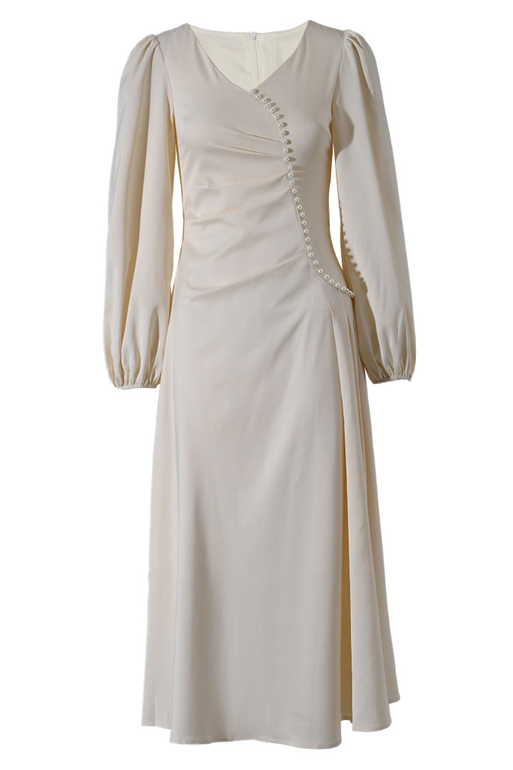 Beige Elegant Asymmetric Beaded Maxi Dress