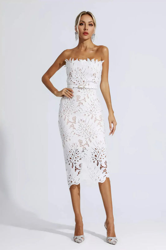 White Floral Lace Midi Dress