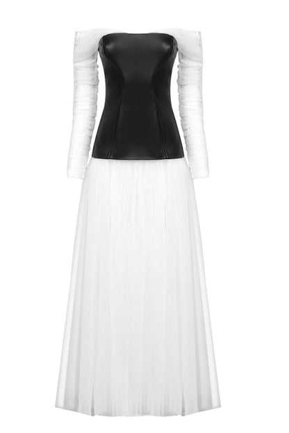 White Mesh PU Patchwork Sheath Maxi Dress