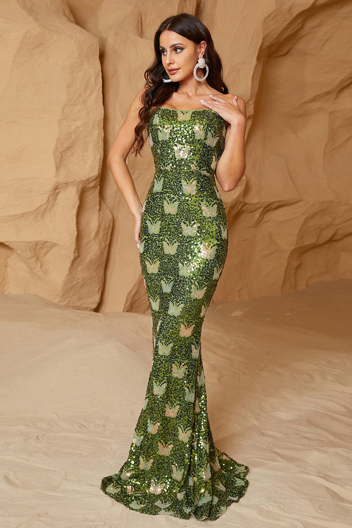 Green Sheath Sequined Fishtail Maxi Dress