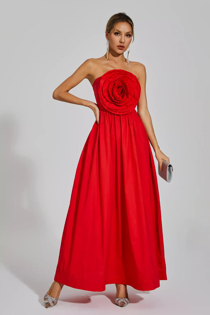 Red Rose Flower Off Shoulder Dress