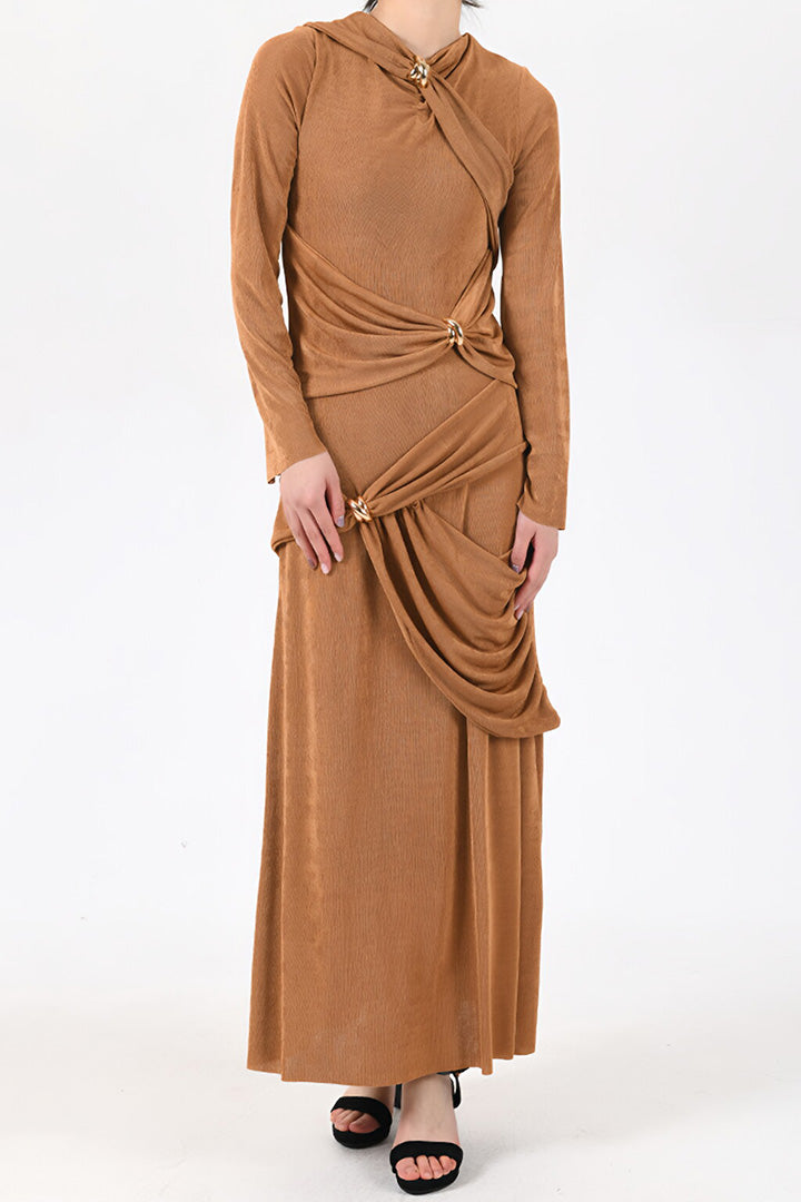 Solid Color Asymmetric Pleated Knit Long Dress