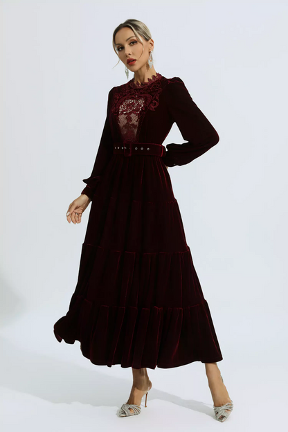 Wine Red Velvet Embroidered Maxi Dress