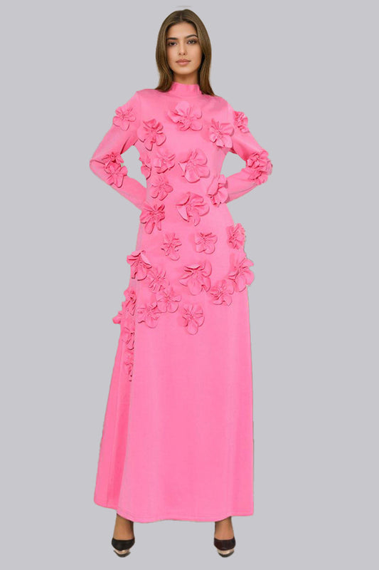 Pink French Applique Patchwork Long Sleeve Dress