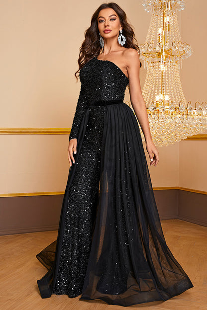 Black Sequined One-Shoulder Sleeve Jumpsuit