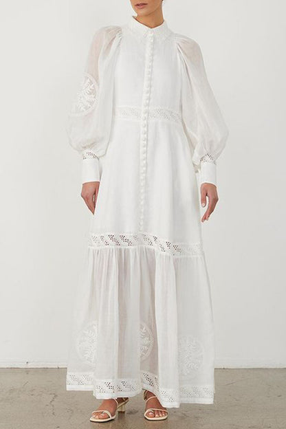 White Round Neck Buttoned Lace Maxi Dress