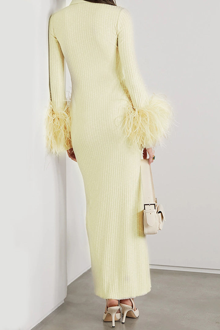 Light Yellow Feather Cuffed Stretch Long Dress