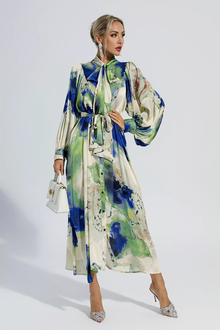 Green Floral Tie Dye Long Sleeves Maxi Dress