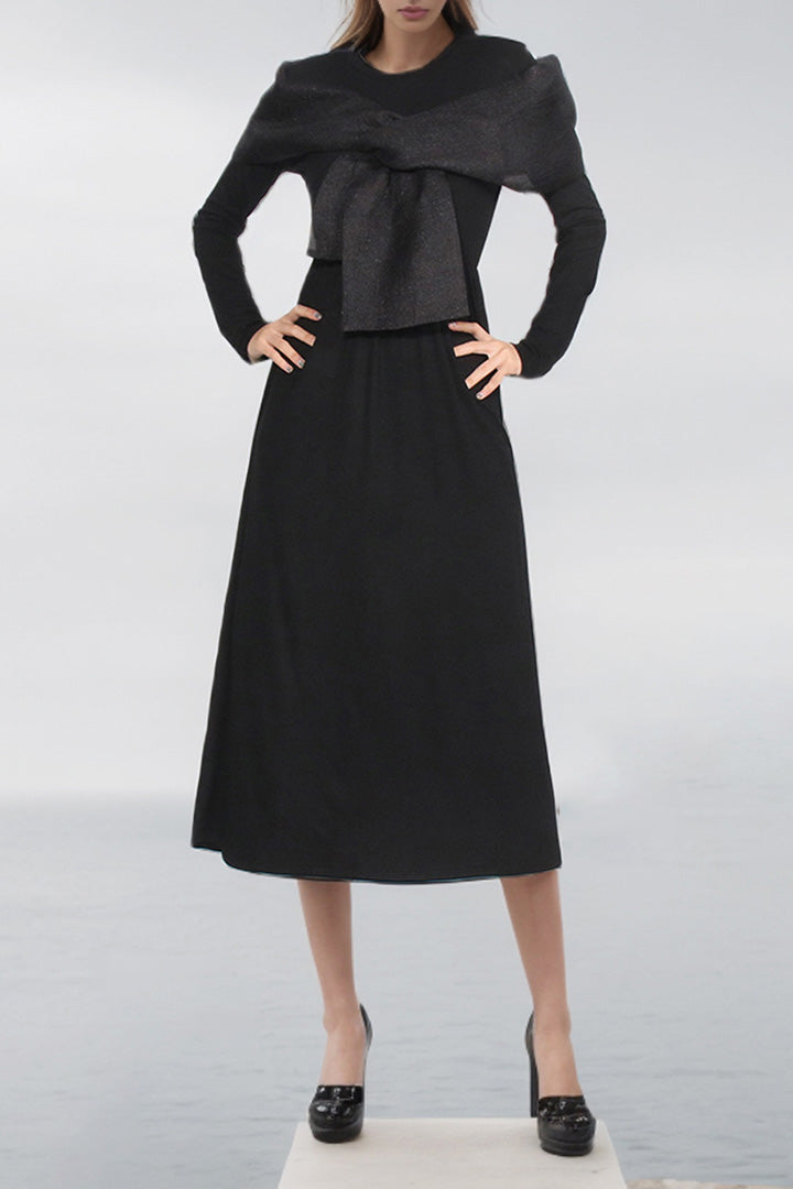 Black Round Neck Bowknot Long Sleeve Midi Dress