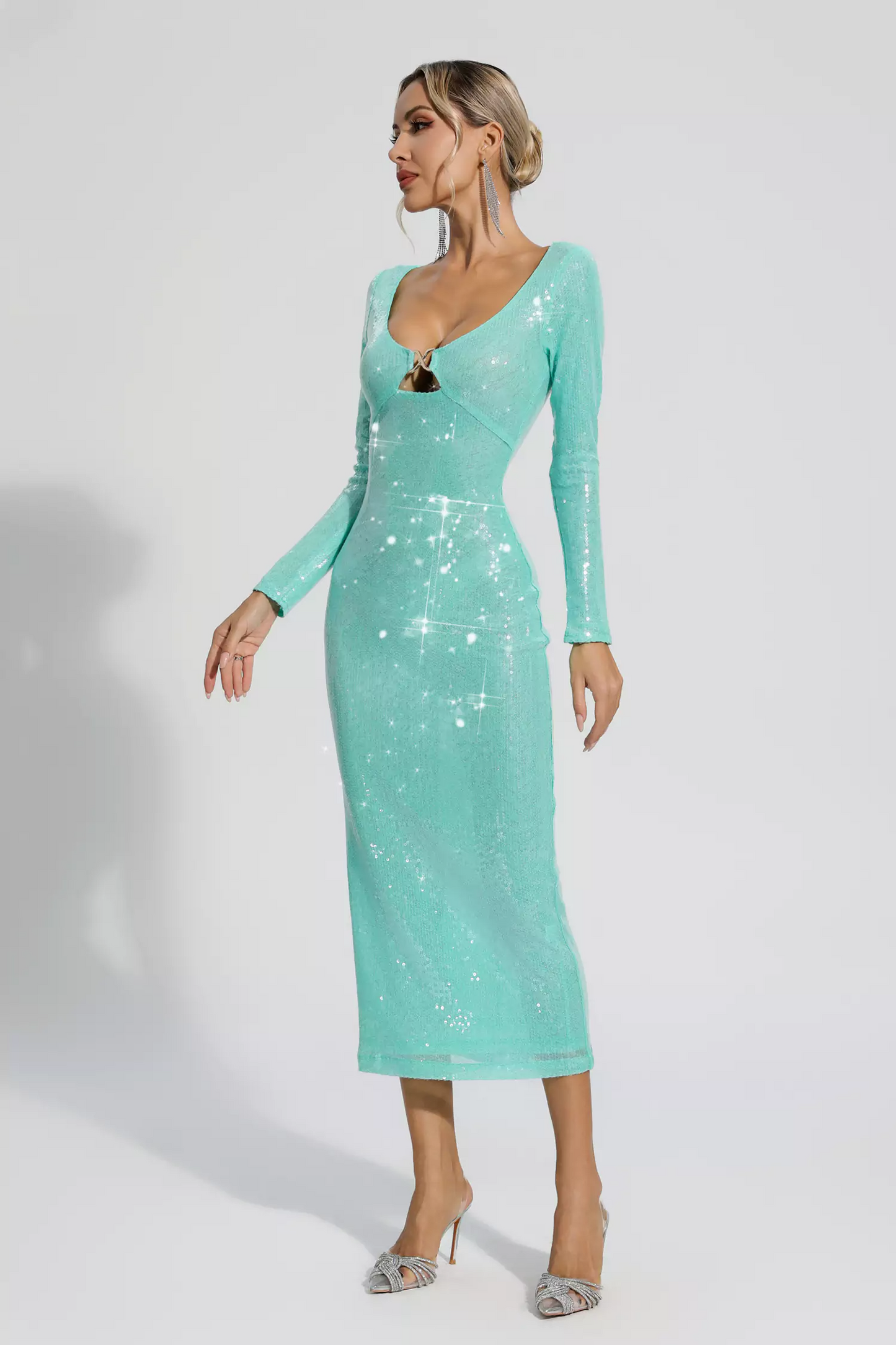 Green Long Sleeve Sequin Midi Dress