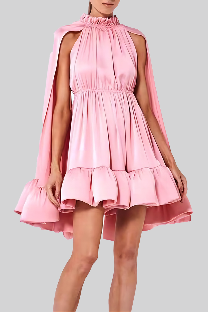 Elegant Pleated Cape Style Ruffle Short Dress