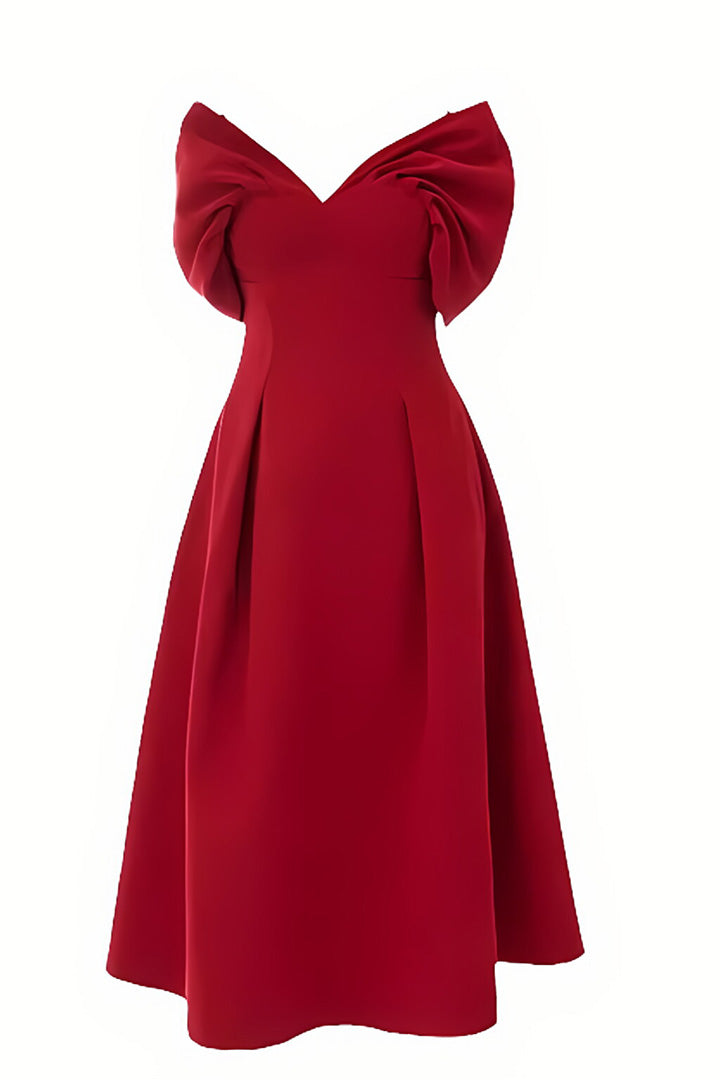 Christmas Red Pleated Wrap Shoulder Midi Dress