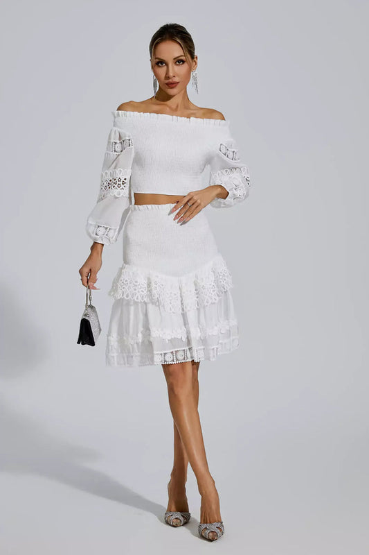 White One Shoulder Embroidered Set