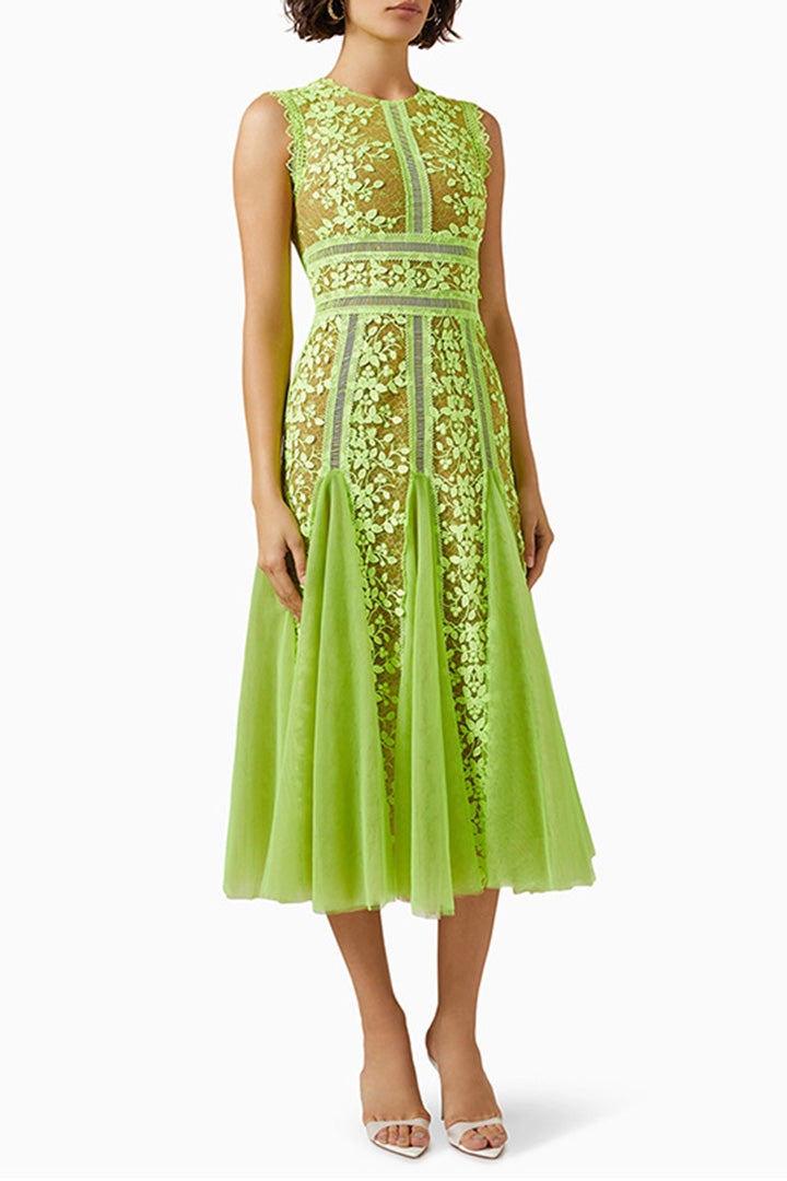 Solid Color Sleeveless Mesh Embroidered Midi Dress