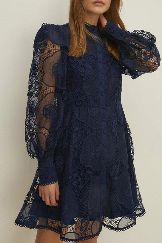 Navy Blue Lace Embroidered Jacquard Short Dress