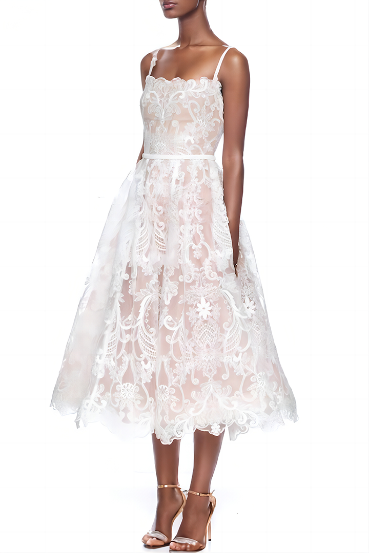 Elegant White Lace Halter Midi Dress