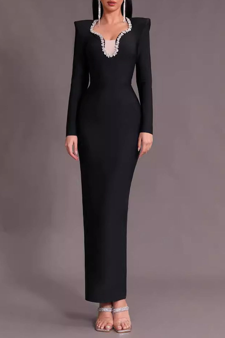 Long Sleeve Diamond Embellished Maxi Dress