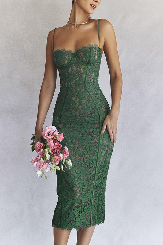 Green Lace Camisole Split Midi Dress