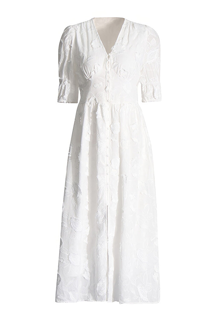 White V-Neck Bubble Sleeve Embroidered Midi Dress