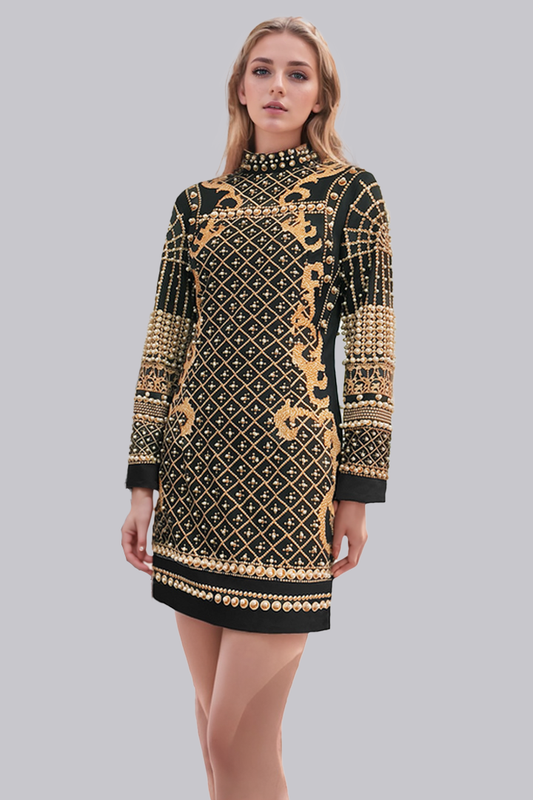 Stand Collar Long Sleeve Printed Beaded Mini Dress