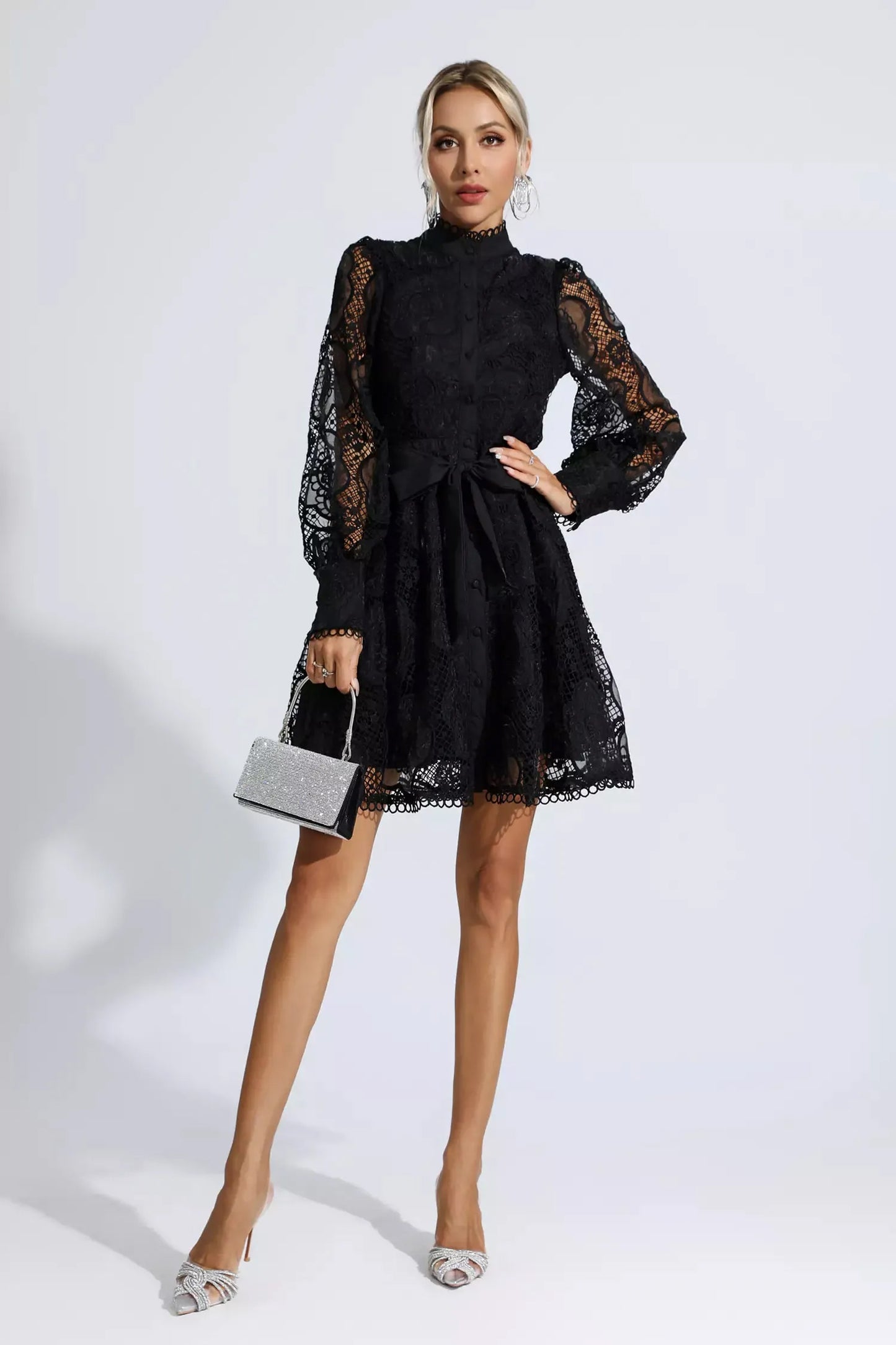 Black Lace Jacquard Mini Dress